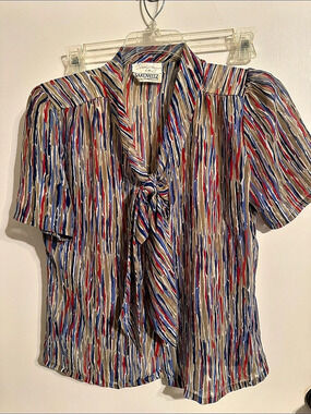 Sakowitz Abstract Stripe Blouse Blue & Red Size 14 Like New